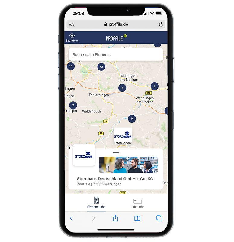 PROFFILE Maps Ansicht am Laptop mit Arbeitgeberprofilen und Stellenanzeigen PROFFILE Maps Ansicht am Laptop