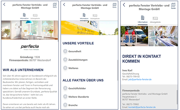 Mobile Handyansicht eines Arbeitgeberprofils Mockup eines mobilen Untenrehmensprofils auf PROFFILE Maps