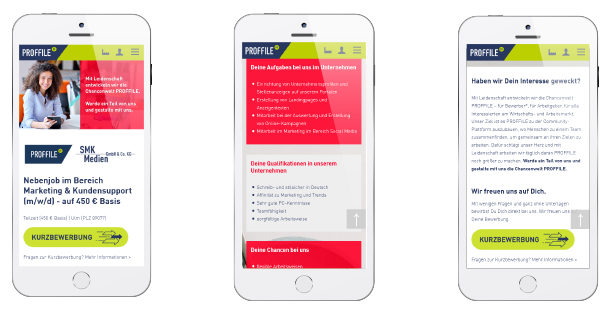 Mobile Handyansicht einer Landingpage für Stellenanzeige Mockup mobile Handyansicht einer Stellenanzeige