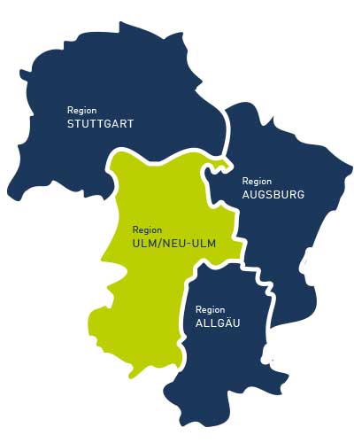 Aktuelle Auslagestellen der Region Ulm/Neu-Ulm für den PROFFILE Firmenguide Regionenkarte der PROFFILE Firmenguides