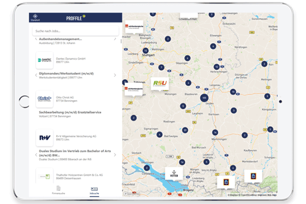 Unternehmensprofil verknüpft mit Stellenanzeige auf PROFFILE Maps Mockup Tablet eines Untenrehmensprofils auf PROFFILE Maps