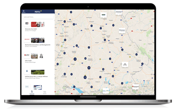 PROFFILE Maps Ansicht am Laptop mit Arbeitgeberprofilen und Stellenanzeigen PROFFILE Maps Ansicht am Laptop