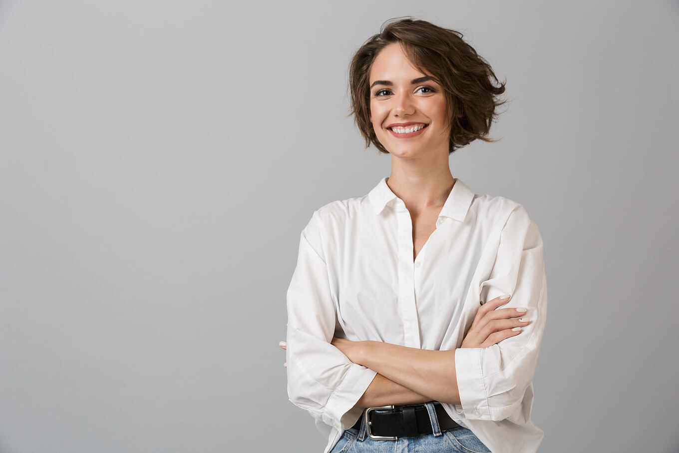 Image,Of,Happy,Young,Business,Woman,Posing,Isolated,Over,Grey
